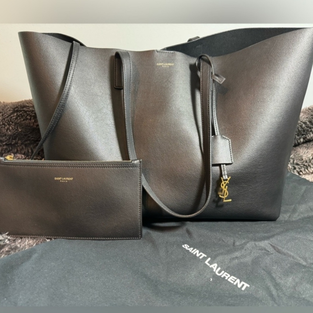 YSL black leather tote bag with pouch and dust bag